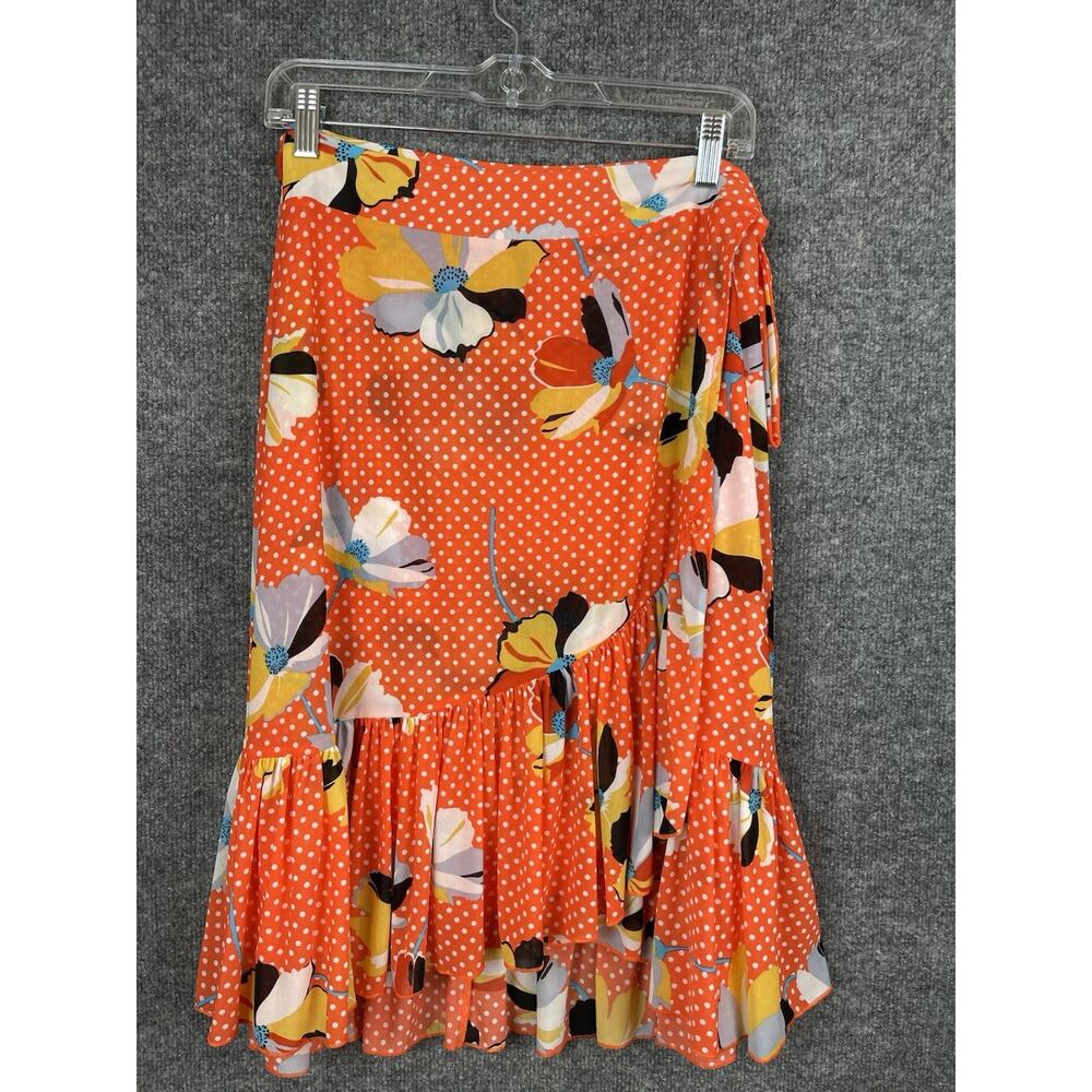 Cabi Skirt Women's Size Medium Fiery Orange Poka Dots Floral Tie‎ Waist